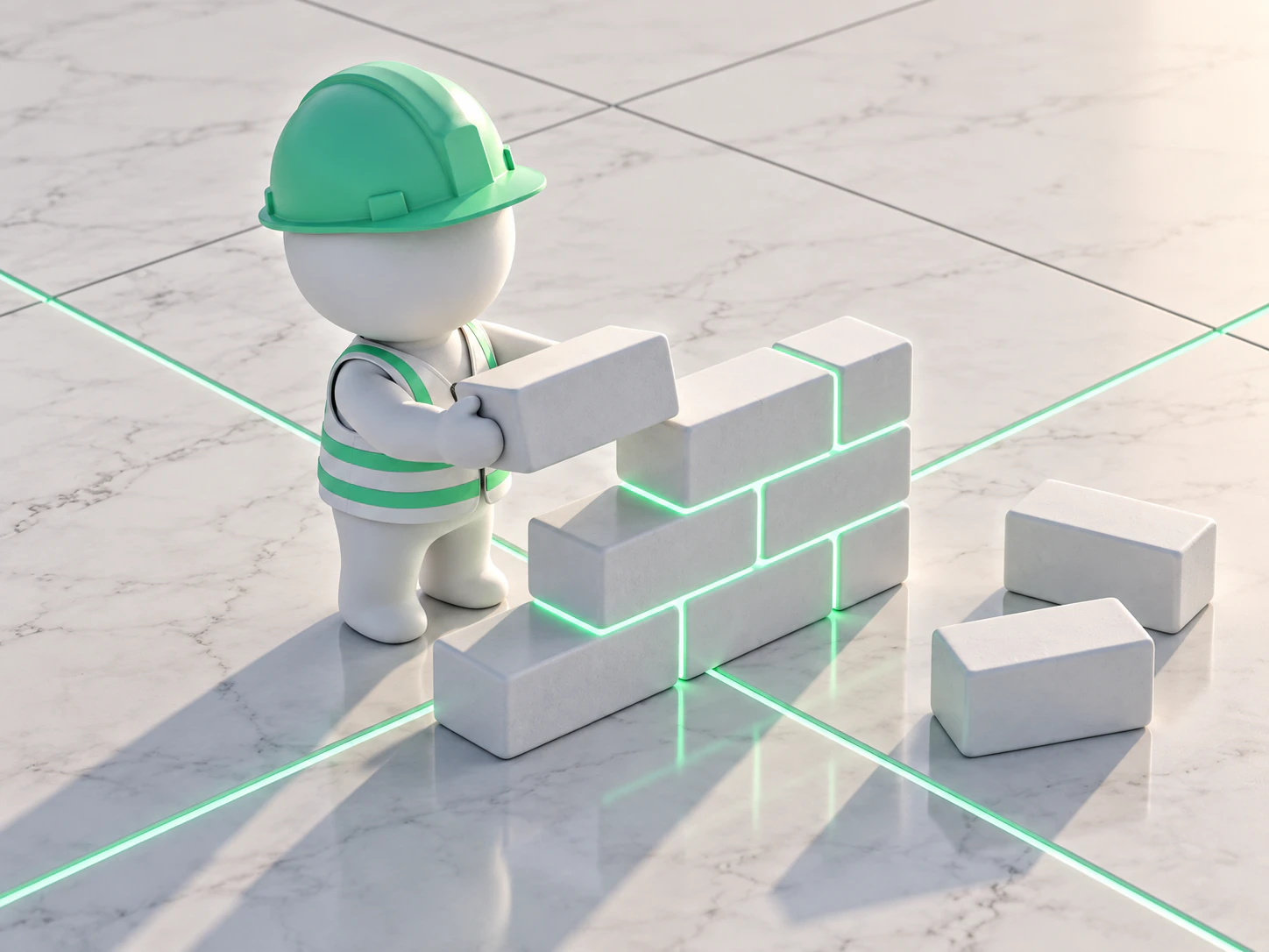 A white figure in a hard hat laying glowing blocks into a wall