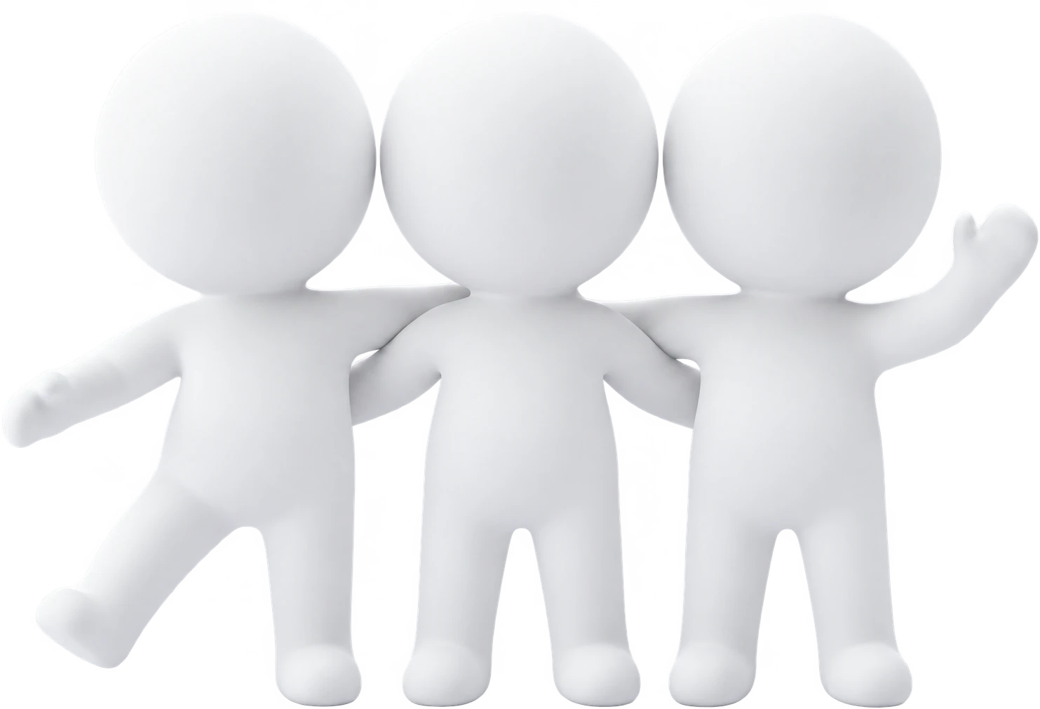 Three white figures standing shoulder to shoulder with their arms around each other