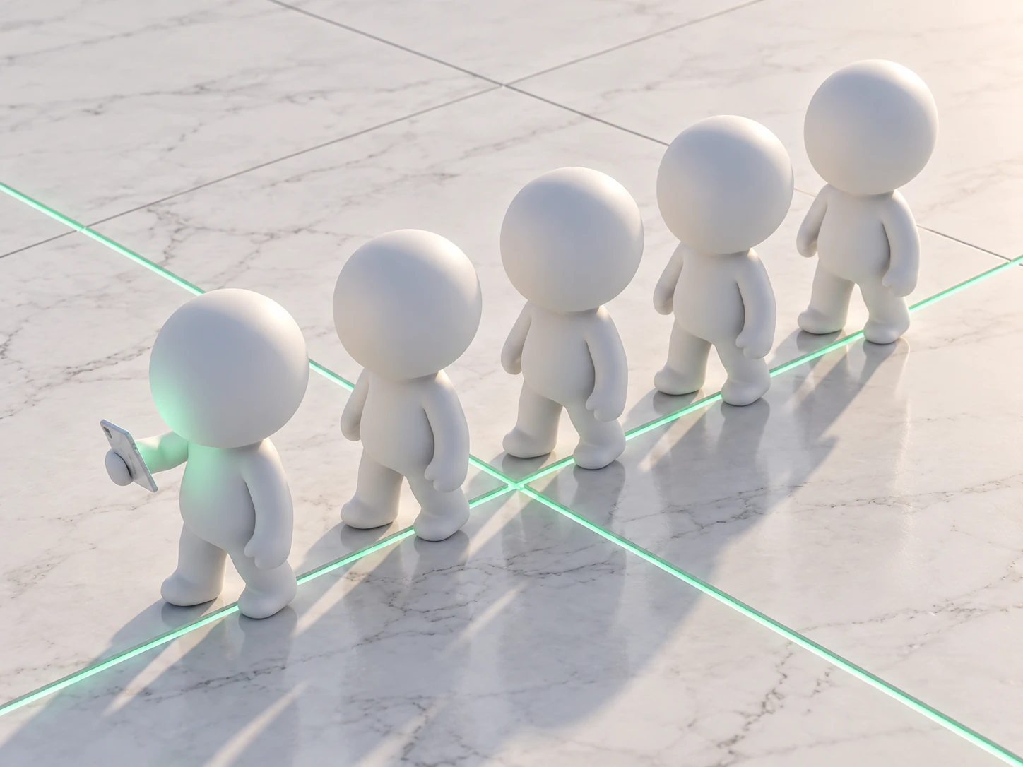 Five white figures walking in single file, the one in front reading a phone