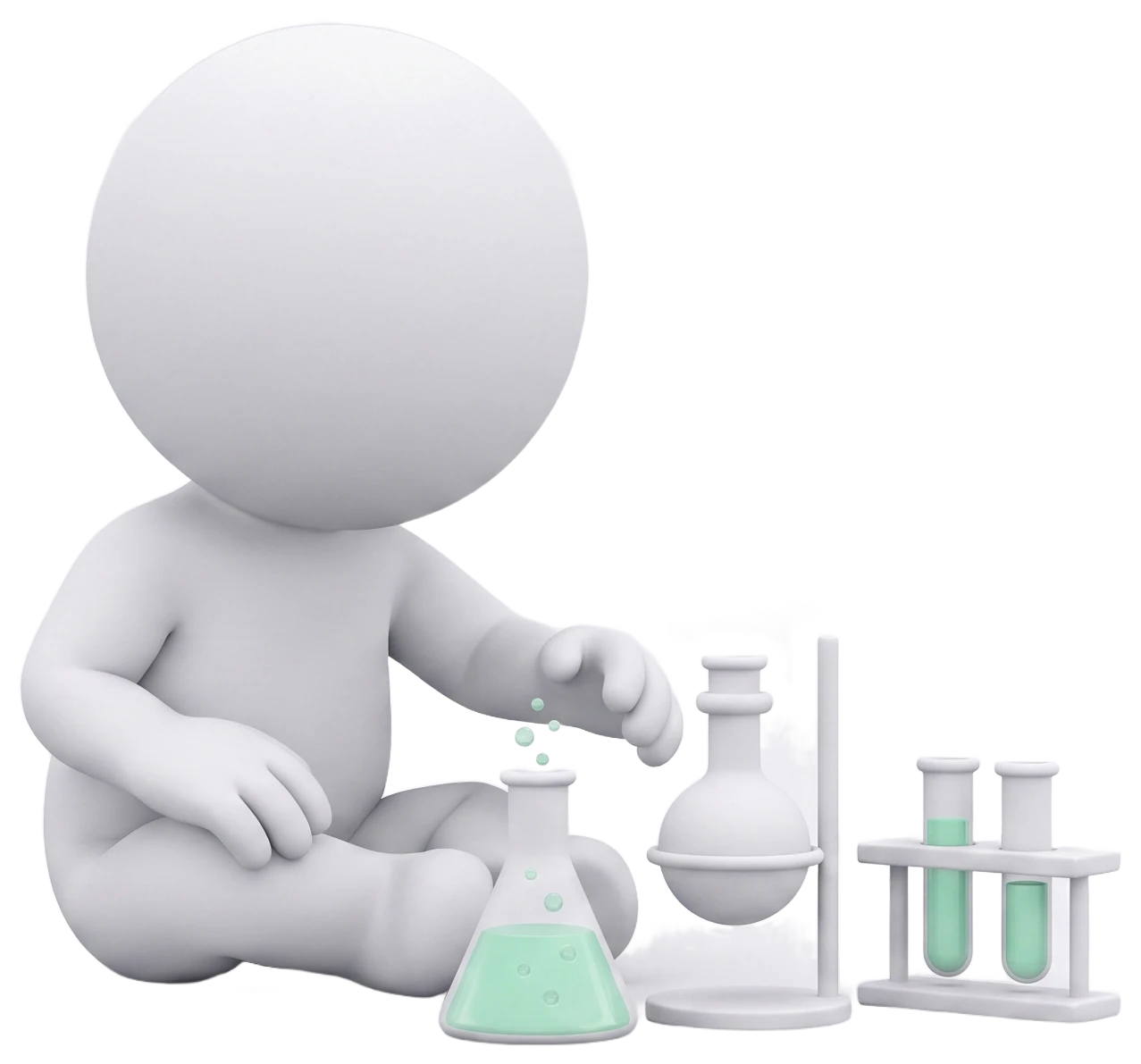 A white figure sitting cross-legged with a chemistry set, mixing a mint-green solution