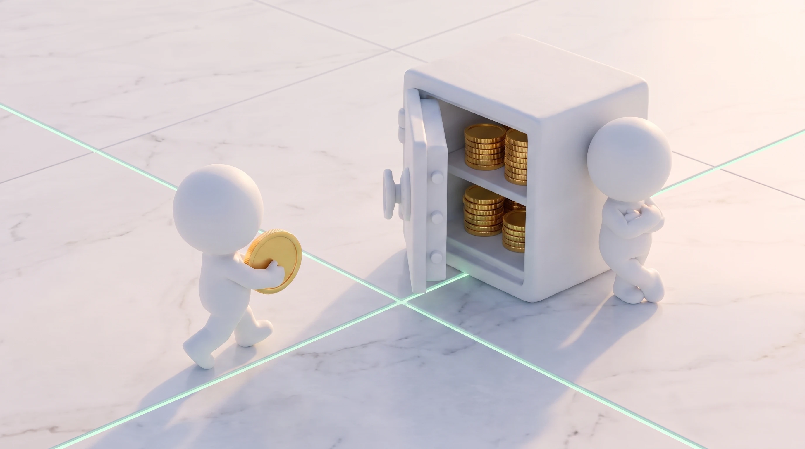 Two white figures on a marble floor at an open safe stacked with gold coins — one carrying another coin toward it, the other leaning against its side