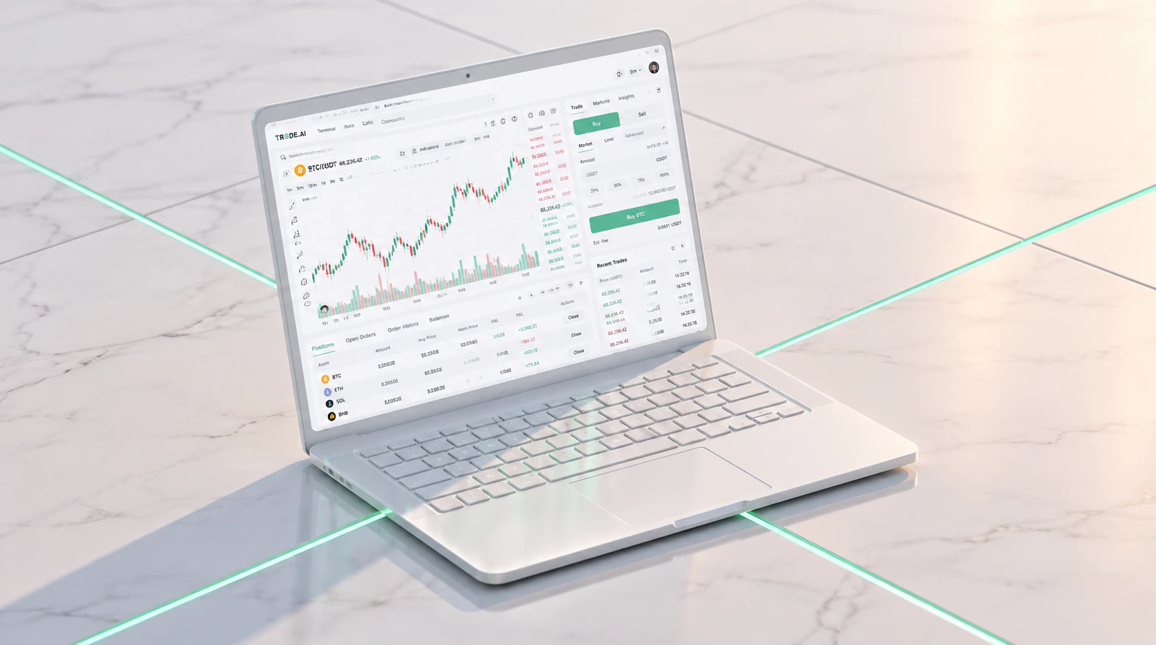 A marble laptop on a marble floor, its screen showing a green candlestick chart